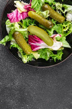 Salatalık turşusu salatalık turşusu yeşil yapraklı salatalık iştah açıcı sebzeler organik lezzetli gurme yemek arka planı masa yemeğinin üstünde fotokopi alanı vejetaryen yemekleri