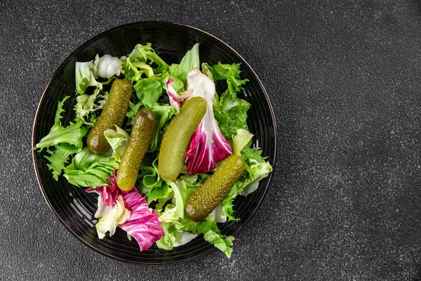 Salatalık turşusu salatalık turşusu yeşil yapraklı salatalık iştah açıcı sebzeler organik lezzetli gurme yemek arka planı masa yemeğinin üstünde fotokopi alanı vejetaryen yemekleri