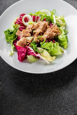 Ton balığı konservesi, yeşil yaprak, marul, meze, organik sebze, lezzetli gurme, arka plan, masa, köy manzarası, fotokopi, vejetaryen diyeti.