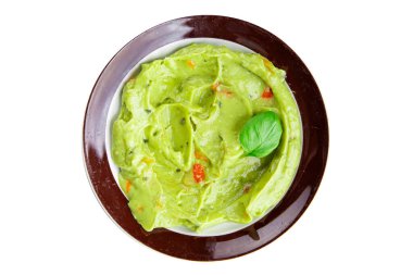 Guacamole dip avokado sosu soğuk aperatif sebze ezmesi organik ürün taze lezzetli gurme yemek arkaplanı masa rustik gıda üst görünümü fotokopi alanı 