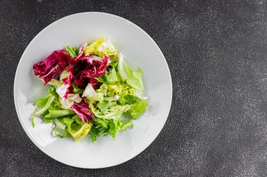Salata karışımı buzdağı, batavya, marul, turşu, romano, arkadaş iştahlı sebzeler organik lezzetli gurme yemek arka planı masa fotokopisi alanı keto paleo diyet vejetaryen vejetaryen.