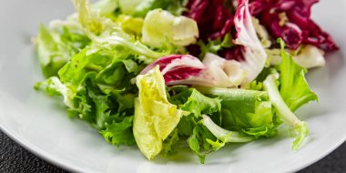 Salata karışımı buzdağı, batavya, marul, turşu, romano, arkadaş iştahlı sebzeler organik lezzetli gurme yemek arka planı masa fotokopisi alanı keto paleo diyet vejetaryen vejetaryen.