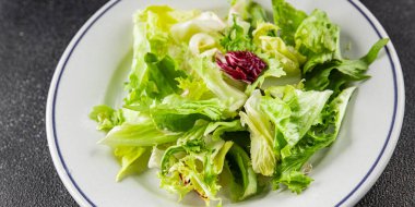 Salata karışımı buzdağı, batavya, marul, turşu, romano, arkadaş iştahlı sebzeler organik lezzetli gurme yemek arka planı masa fotokopisi alanı keto paleo diyet vejetaryen vejetaryen.