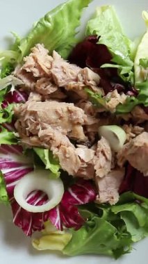 Salata konserveli ton balığı, yeşil yaprak, marul, deniz ürünleri aperatif sebze, organik lezzetli gurme yemek arkaplan, masa üzerinde rustik üst görünüm fotokopi alanı. 