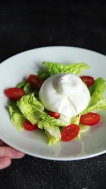 Salata burrata peynirli bufalo sütlü peynir salata tabağı sofrada taze gurme yemek arkaplanı rustik yemekler üst görünümde fotokopi alanı