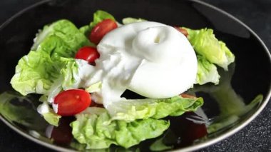 Salata burrata peynirli bufalo sütlü peynir salata tabağı sofrada taze gurme yemek arkaplanı rustik yemekler üst görünümde fotokopi alanı