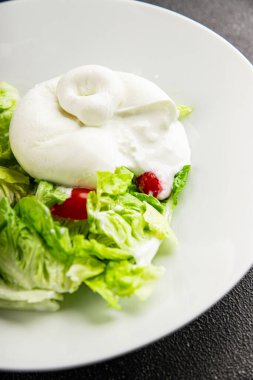 Salata burrata peynirli bufalo peynirli salata salatası salatası taze gurme yemek arkaplanı masa rustik yemekler üst görünüm fotokopi uzay keto ve paleo diyet vejetaryen