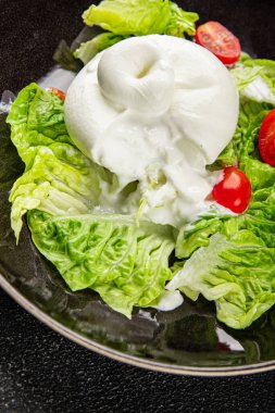 Salata burrata peynirli bufalo peynirli salata salatası salatası taze gurme yemek arkaplanı masa rustik yemekler üst görünüm fotokopi uzay keto ve paleo diyet vejetaryen