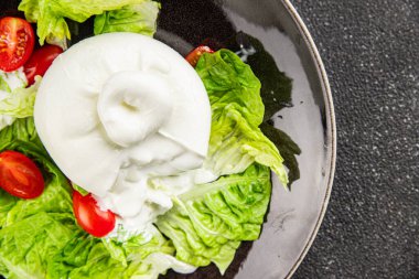Salata burrata peynirli bufalo peynirli salata salatası salatası taze gurme yemek arkaplanı masa rustik yemekler üst görünüm fotokopi uzay keto ve paleo diyet vejetaryen