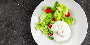 Salata burrata peynirli bufalo peynirli salata salatası salatası taze gurme yemek arkaplanı masa rustik yemekler üst görünüm fotokopi uzay keto ve paleo diyet vejetaryen