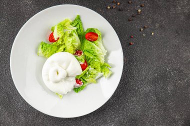 Salata burrata peynirli bufalo peynirli salata salatası salatası taze gurme yemek arkaplanı masa rustik yemekler üst görünüm fotokopi uzay keto ve paleo diyet vejetaryen