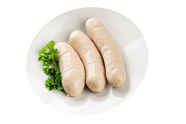 Beyaz sosisli et yemeği taze sucuklu sosis taze lezzetli gurme yemek arkaplanı masa kırsal yiyeceklerin üst görüntüsü fotokopi alanı.