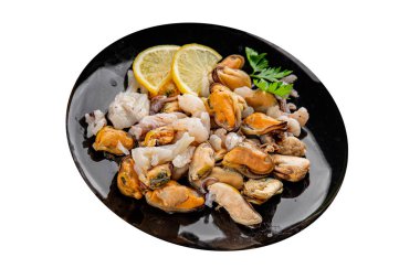 Deniz ürünleri karışımı midyeler, karides, karides, rapan, mürekkep balığı yemeği taze gurme yemek masanın üstünde rustik yiyecekler üst görünüm uzay keto paleo diyet vejetaryen diyeti