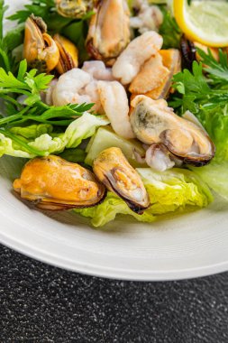 Salata deniz ürünleri karidesi, midye, mürekkep balığı, rapawn, karides, yeşil karışık yaprak yemek arkaplanı kırsal yiyecekler, fotokopi alanı. 