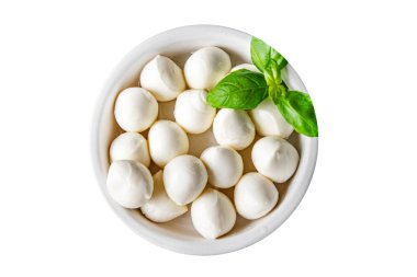Mozzarella mini peynir topları taze lezzetli gurme yemek arkaplanı masadaki rustik yiyecekler üst görünüm fotokopi alanı