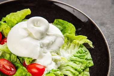 Burrata peynirli salata, bufalo sütlü salata, salata, salata, salata, salata, lezzetli gurme, yemek, arka plan, masa, rustik yemek, fotokopi, fotokopi, uzay keto ve paleo diyeti vejetaryeni.