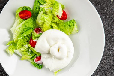 Burrata peynirli salata, bufalo sütlü salata, salata, salata, salata, salata, lezzetli gurme, yemek, arka plan, masa, rustik yemek, fotokopi, fotokopi, uzay keto ve paleo diyeti vejetaryeni.