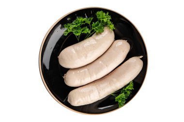 Beyaz sosisli et yemeği taze sucuklu sosis taze lezzetli gurme yemek arkaplanı masa kırsal yiyeceklerin üst görüntüsü fotokopi alanı.