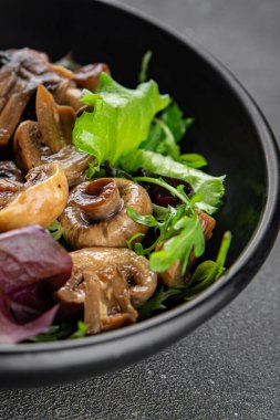 Mantar turşulu şampiyon salatası aperatifi taze lezzetli gurme yemek arka planı masanın üstünde rustik yemek fotokopi alanı keto ve paleo diyet vejetaryen ve vejetaryen yemekleri