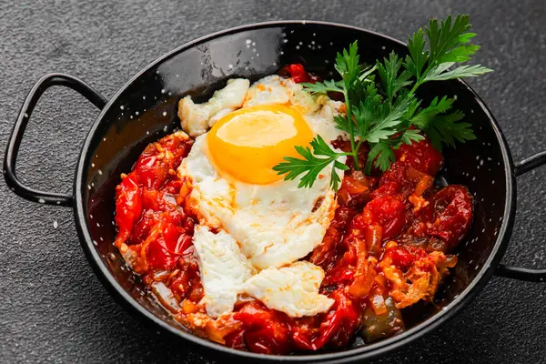 Kızarmış yumurta domatesleri shakshuka sebze aperatifleri taze lezzetli gurme yemek arkaplanı masanın üzerinde rustik yemekler üst görünüm fotokopi alanı vejetaryen yemekleri