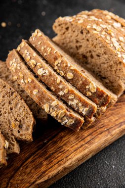 Yulaf ekmeği kepekli, kepekli, kepekli, kepekli, doğal, lezzetli, lezzetli gurme yemek arkaplanı masa kırsal gıdanın üstünde fotokopi alanı.