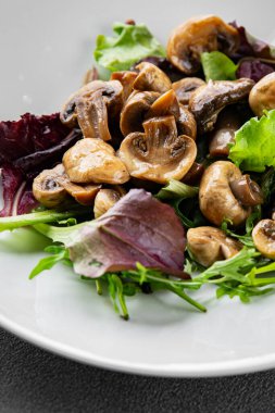 Şampiyon mantarlar salata aperatifi taze gurme yemek arkaplanı masadaki rustik yiyecekler fotokopi alanı vejetaryen yemekleri.
