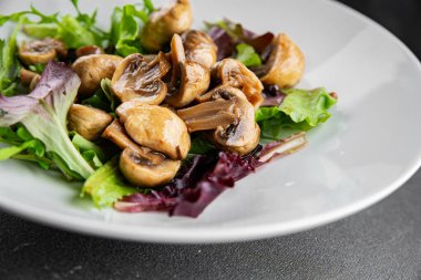 Şampiyon mantarlar salata aperatifi taze gurme yemek arkaplanı masadaki rustik yiyecekler fotokopi alanı vejetaryen yemekleri.