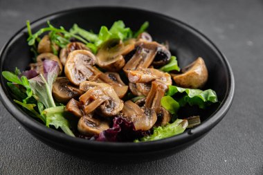 Şampiyon mantarlar salata aperatifi taze gurme yemek arkaplanı masadaki rustik yiyecekler fotokopi alanı vejetaryen yemekleri.