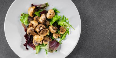 Şampiyon mantarlar salata aperatifi taze gurme yemek arkaplanı masadaki rustik yiyecekler fotokopi alanı vejetaryen yemekleri.