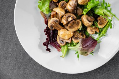 Mantar turşulu şampiyon salatası aperatifi taze lezzetli gurme yemek arka planı masanın üstünde rustik yemek fotokopi alanı keto ve paleo diyet vejetaryen ve vejetaryen yemekleri