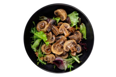 Mantar turşulu şampiyon salatası aperatifi taze lezzetli gurme yemek arka planı masanın üstünde rustik yemek fotokopi alanı keto ve paleo diyet vejetaryen ve vejetaryen yemekleri