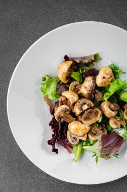 Mantar turşulu şampiyon salatası aperatifi taze lezzetli gurme yemek arka planı masanın üstünde rustik yemek fotokopi alanı keto ve paleo diyet vejetaryen ve vejetaryen yemekleri