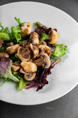 Mantar turşulu şampiyon salatası aperatifi taze lezzetli gurme yemek arka planı masanın üstünde rustik yemek fotokopi alanı keto ve paleo diyet vejetaryen ve vejetaryen yemekleri