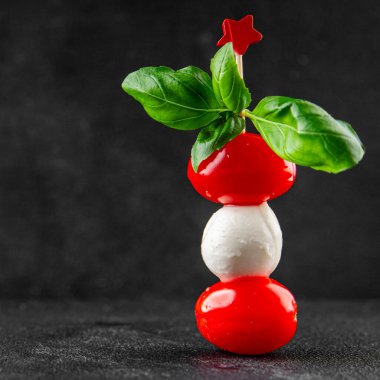 Caprese salatası kanape domates ve mozzarella, fesleğen iştah açıcı sebze taze gurme yemek arkaplanı masa rustik gıda üst görünümü fotokopi alanı