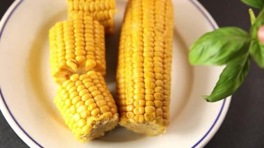 Mısır koçanı yiyeceği, abur cubur, sebze, lezzetli gurme yemek arkaplanı, kırsal yiyecekler, fotokopi alanı.