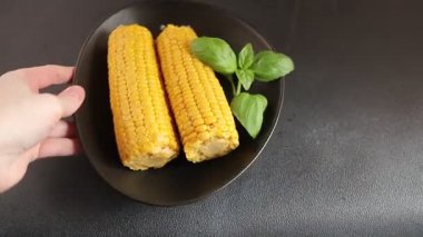 Mısır koçanı yiyeceği, abur cubur, sebze, lezzetli gurme yemek arkaplanı, kırsal yiyecekler, fotokopi alanı.