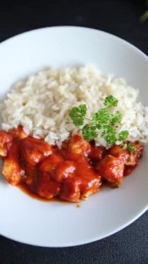 Pirinç ezmeli tavuk körili tavuk tikka masala baharatlı et masada bir kasede taze gurme yemek arkaplanı kırsal yemek üst görünüm fotokopi alanı