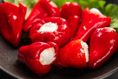 Acı biber peyniri turşuyu sebze turşusu aperatifi taze lezzetli gurme vejetaryen arkaplan masa üzerinde kırsal yemek üst görünüm fotokopi alanı keto ve paleo diyeti