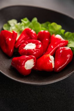 Acı biber peyniri turşuyu sebze turşusu aperatifi taze lezzetli gurme vejetaryen arkaplan masa üzerinde kırsal yemek üst görünüm fotokopi alanı keto ve paleo diyeti