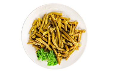 Yeşil fasulye konservesi yeşil çalı fasulyesi taze lezzetli gurme yemek arka planı masaya rustik gıda fotokopi alanı keto ve paleo diyet vegan ve vejetaryen gıda