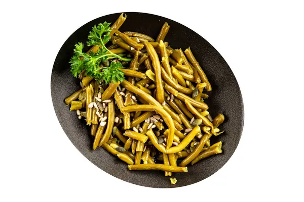 Yeşil fasulye konservesi yeşil çalı fasulyesi taze lezzetli gurme yemek arka planı masaya rustik gıda fotokopi alanı keto ve paleo diyet vegan ve vejetaryen gıda