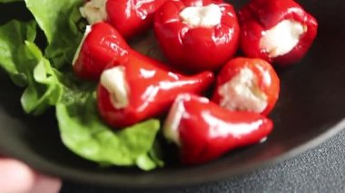 Acı biber peyniri turşuyu sebze turşusu aperatifi taze lezzetli gurme vejetaryen arkaplan masa üzerinde kırsal yemek üst görünüm fotokopi alanı keto ve paleo diyeti