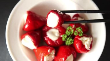 Acı biber peyniri turşuyu sebze turşusu aperatifi taze lezzetli gurme vejetaryen arkaplan masa üzerinde kırsal yemek üst görünüm fotokopi alanı keto ve paleo diyeti