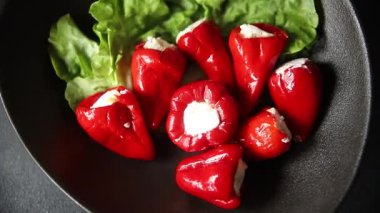 Acı biber peyniri turşuyu sebze turşusu aperatifi taze lezzetli gurme vejetaryen arkaplan masa üzerinde kırsal yemek üst görünüm fotokopi alanı keto ve paleo diyeti