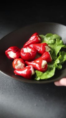 Acı biber peyniri turşuyu sebze turşusu aperatifi taze lezzetli gurme vejetaryen arkaplan masa üzerinde kırsal yemek üst görünüm fotokopi alanı keto ve paleo diyeti