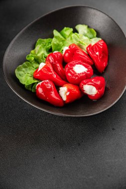 Acı biber peyniri turşuyu sebze turşusu aperatifi taze lezzetli gurme vejetaryen arkaplan masa üzerinde kırsal yemek üst görünüm fotokopi alanı keto ve paleo diyeti