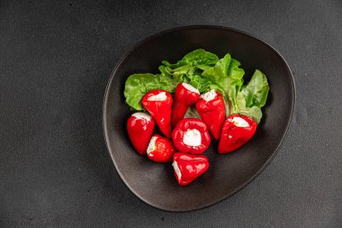 Acı biber peyniri turşuyu sebze turşusu aperatifi taze lezzetli gurme vejetaryen arkaplan masa üzerinde kırsal yemek üst görünüm fotokopi alanı keto ve paleo diyeti