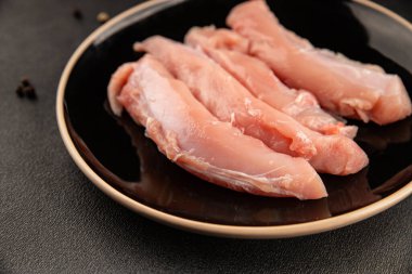 Tavşan çiğ et fileto taze lezzetli gurme yemek arka planı masa rustik gıda üst görünüm fotokopi alanı keto ve paleo diyet