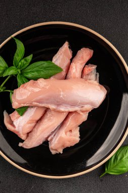 Tavşan çiğ et fileto taze lezzetli gurme yemek arka planı masa rustik gıda üst görünüm fotokopi alanı keto ve paleo diyet