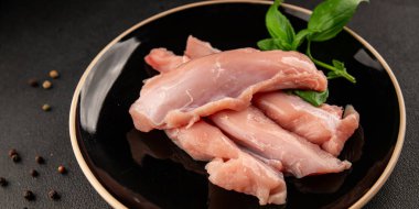 Tavşan çiğ et fileto taze lezzetli gurme yemek arka planı masa rustik gıda üst görünüm fotokopi alanı keto ve paleo diyet